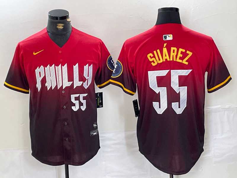 Mens Philadelphia Phillies #55 Ranger Suarez Red 2024 City Player Number Cool Base Jersey->philadelphia phillies->MLB Jersey